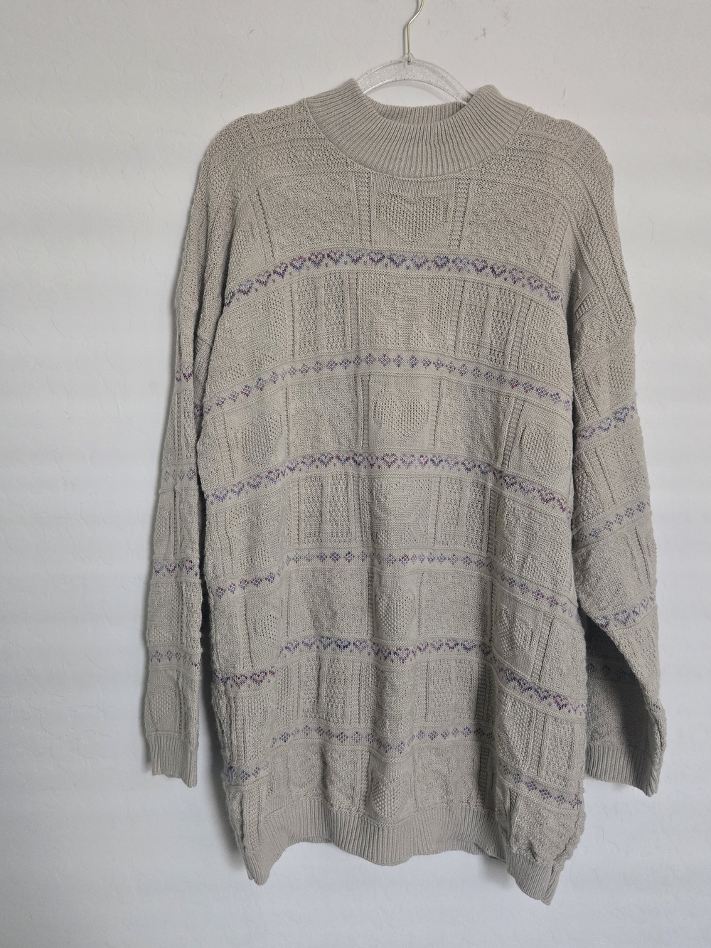 Vintage Basic Editions Knit Sweater Large Oatmeal Beige Heart Fair Isle Mock Nec